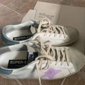 Golden Goose White Leather Sneakers with Blue Suede Trim and Lilac Star Accent